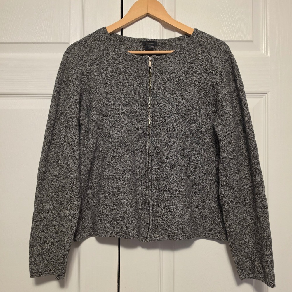 Ann Taylor Factory Marled Knit Zip Front Cardigan Sweater Gray Black Size Large